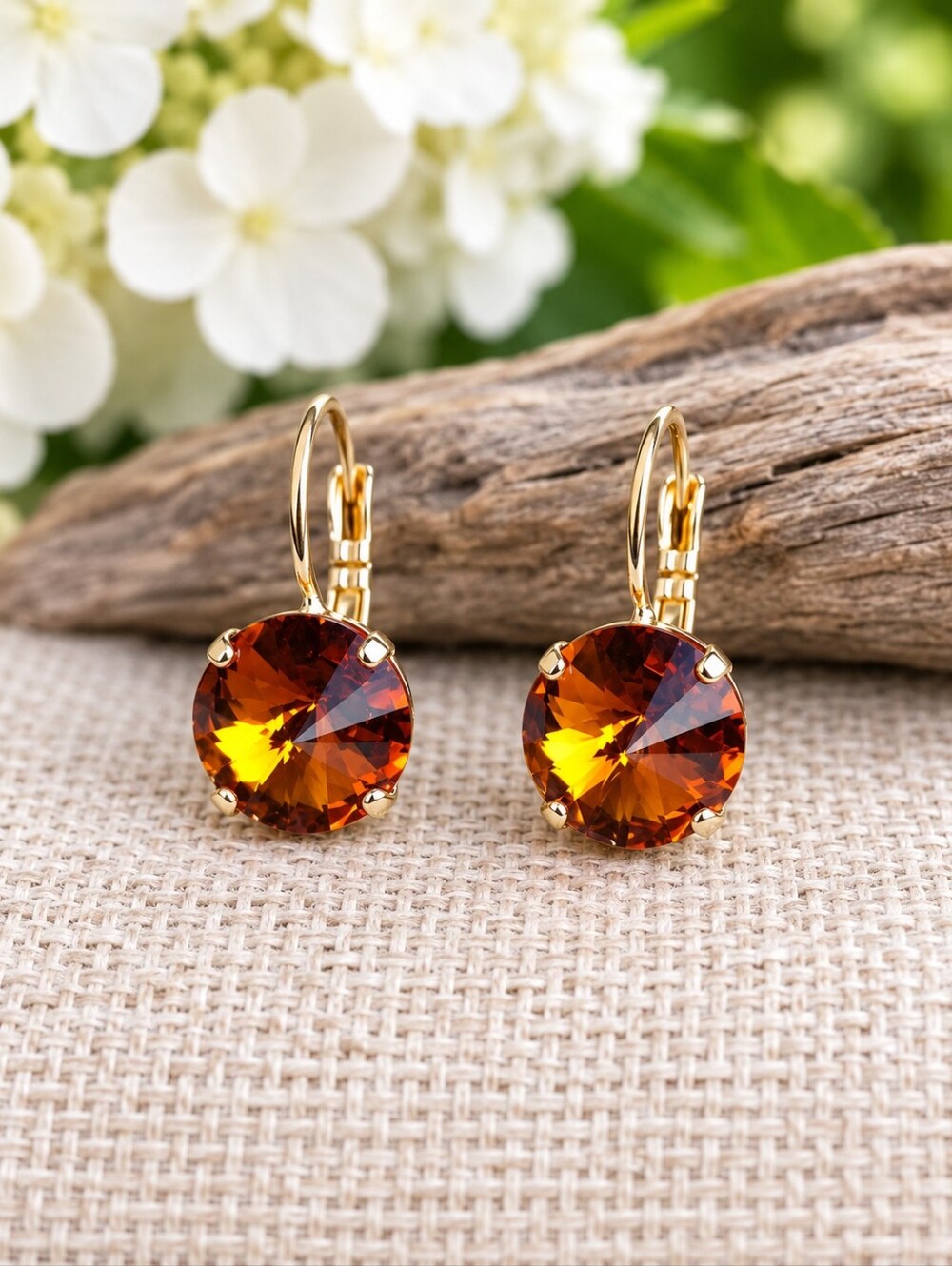 Gold Leverback Earrings with Amber Crystal Drops | Handmade